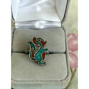 Vintage 60s Southwest Fetish Ring Squirrel Skunk Turquoise Coral Chips TLC